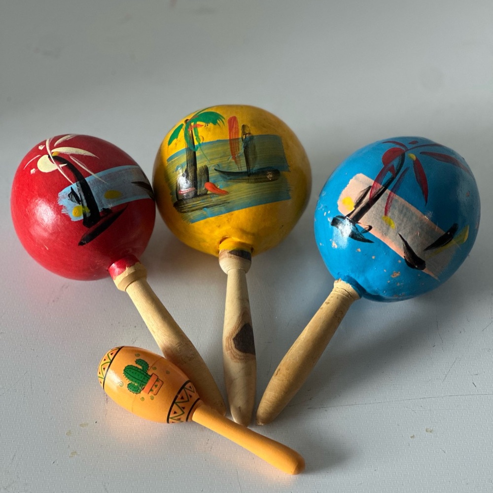 Hand Painted Coconut Maracas Set Art Deco Island Decor for Cabana Decorations